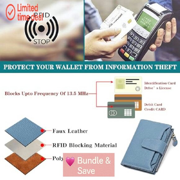 Leather Bifold RFID Blocking Wallet Compact Women's Purse with 14 Card Slots - Picture 7 of 7